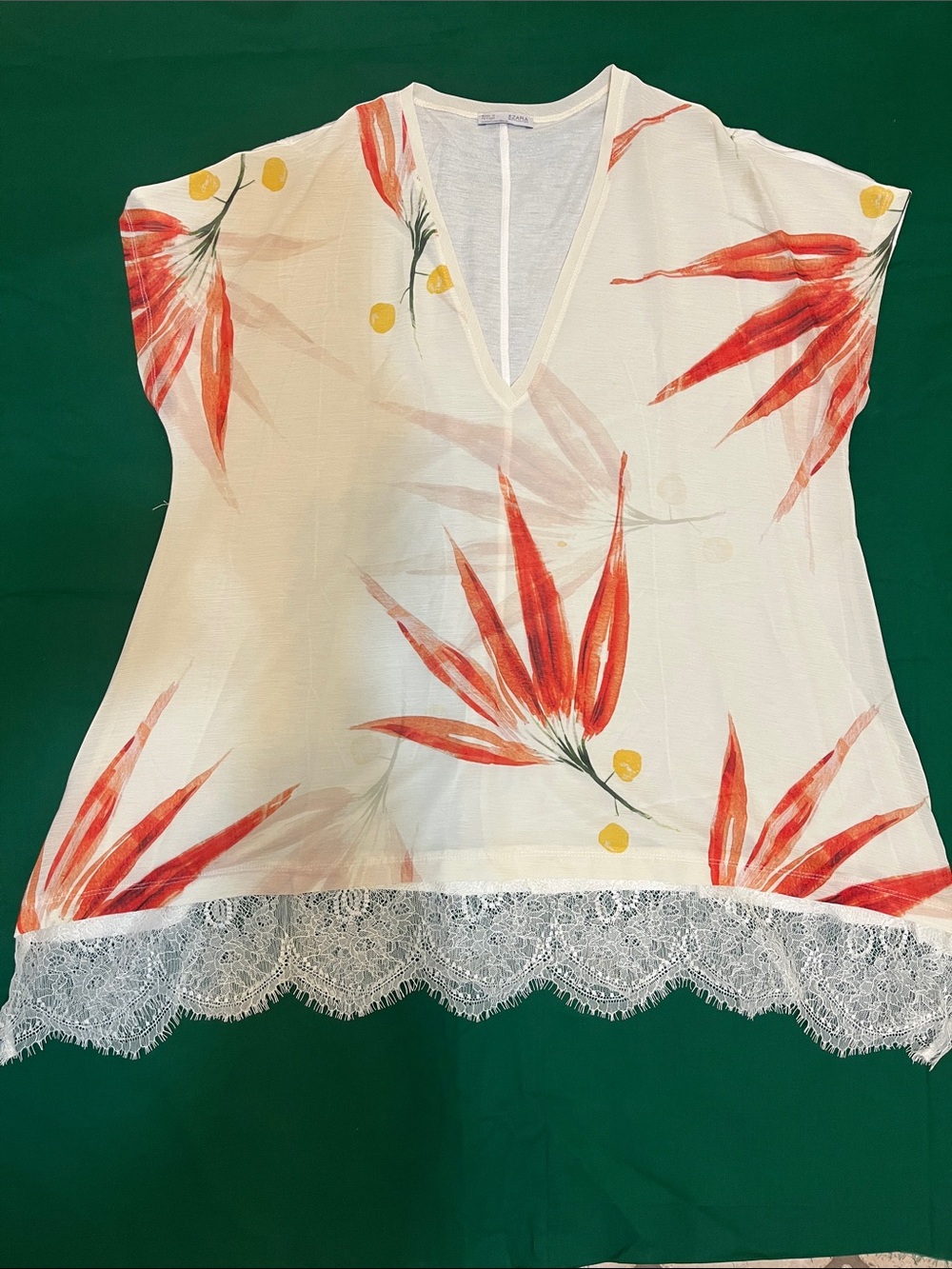 Women's V-Neck Floral Lace-Hem Blouse in White and Red